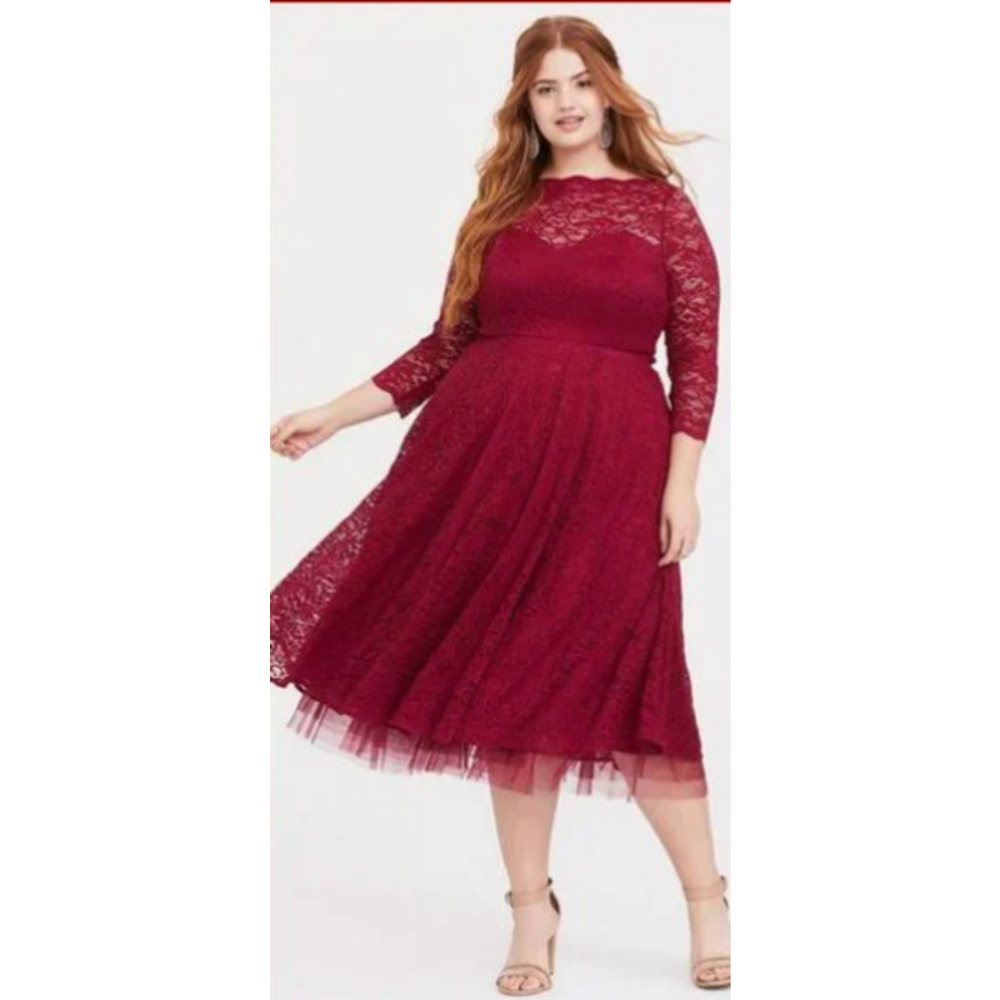 TORRID Red Formal LACE Midi Illusion DRESS LACE SLEEVES SIZE 18 NWT